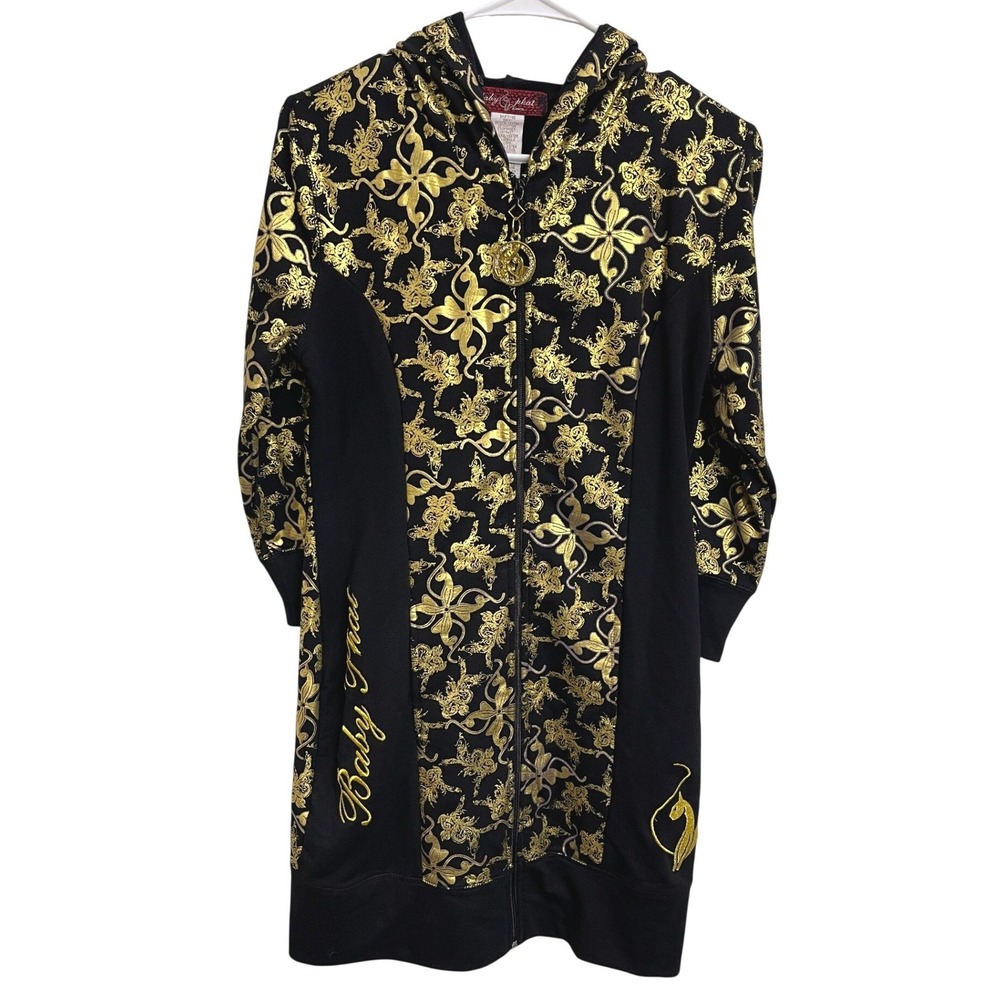 Vintage Y2K Baby Phat Hooded Zip Sweater Dress‎ Gold Baroque Graphic Metallic M
